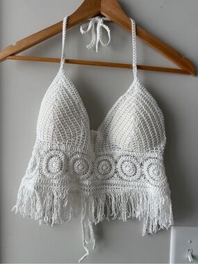 White Crochet Fringe Halter Bralette